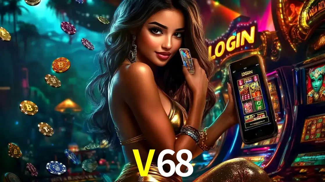 Mulher em um cenário de cassino temático de aventura, mostrando o app de caça-níqueis da V68 no celular. Fichas de apostas flutuam ao redor.