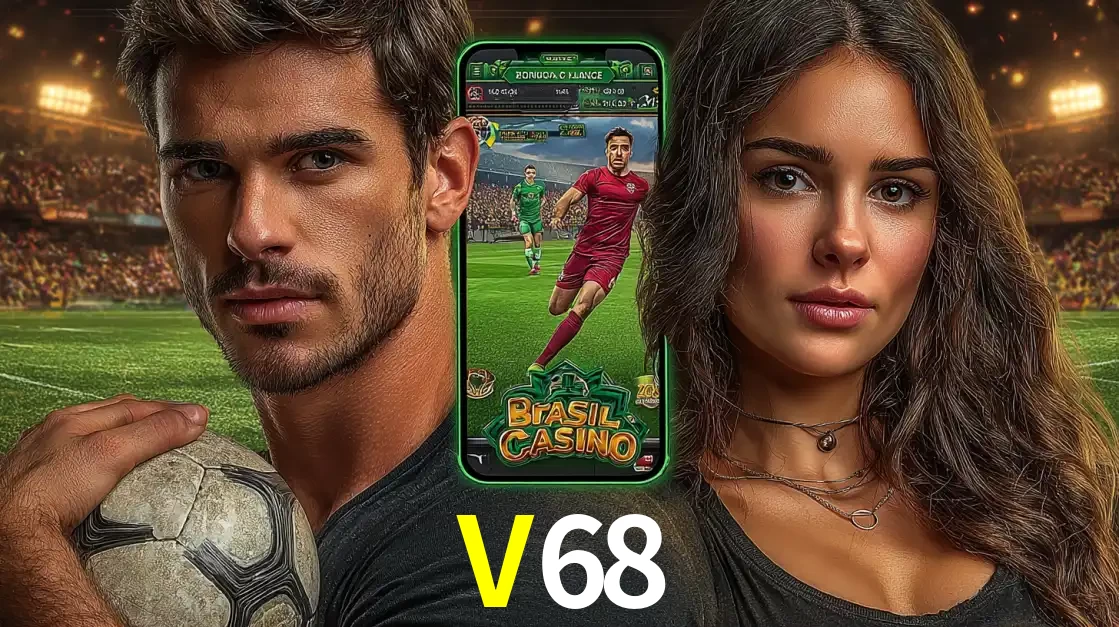 Homem segurando uma bola de futebol e uma mulher ao lado de um smartphone exibindo o jogo de apostas esportivas da V68. Faça seu palpite no cassino online.